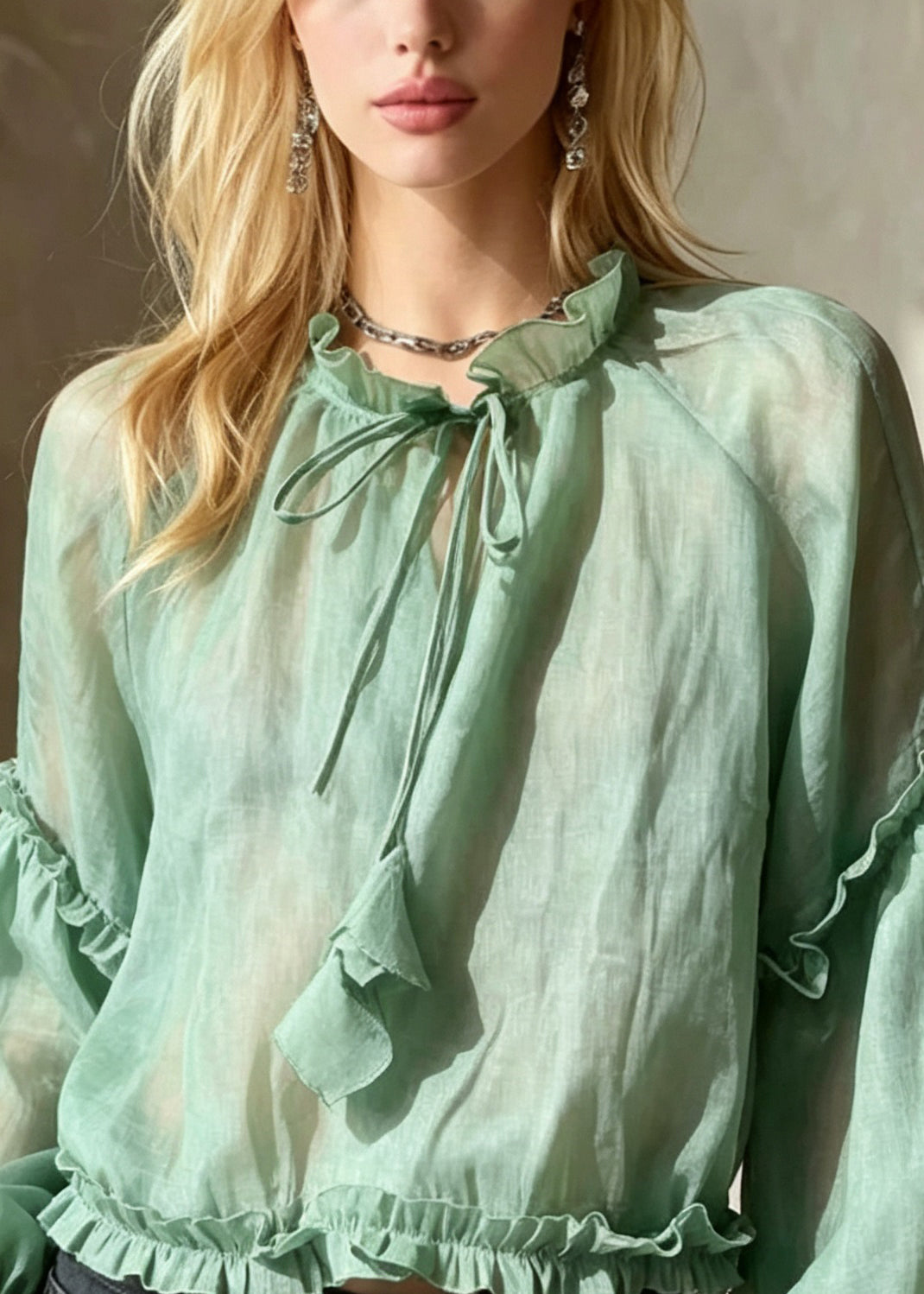 Handmade Green Ruffled Patchwork Cotton Shirt Tops Fall