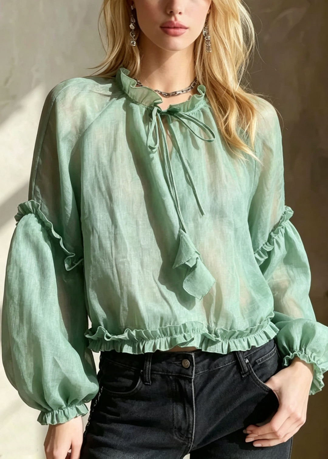 Handmade Green Ruffled Patchwork Cotton Shirt Tops Fall