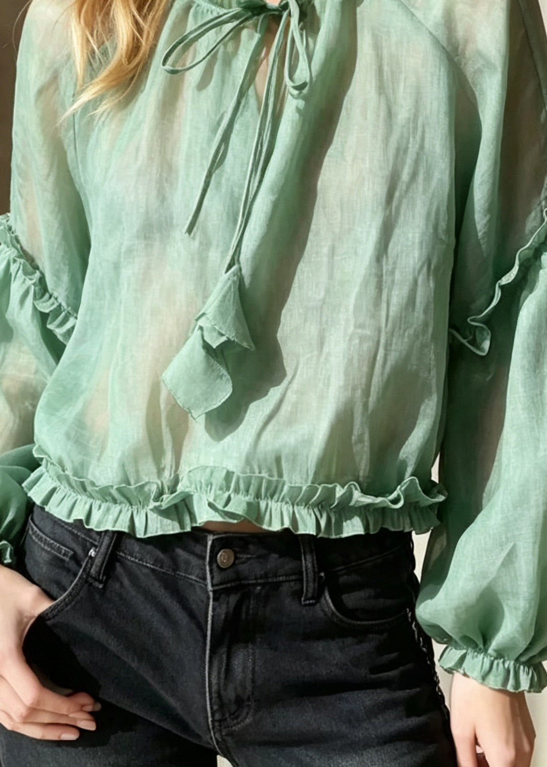 Handmade Green Ruffled Patchwork Cotton Shirt Tops Fall