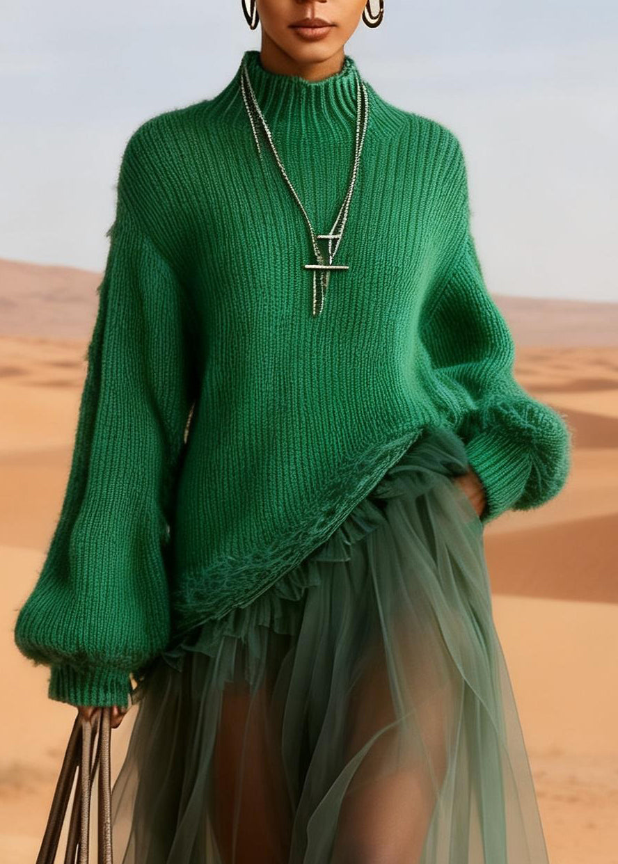 Handmade Green Tulle Maxi Dresses Ruffled Knitted Cotton Patchwork Lanter Sleeve - Omychic