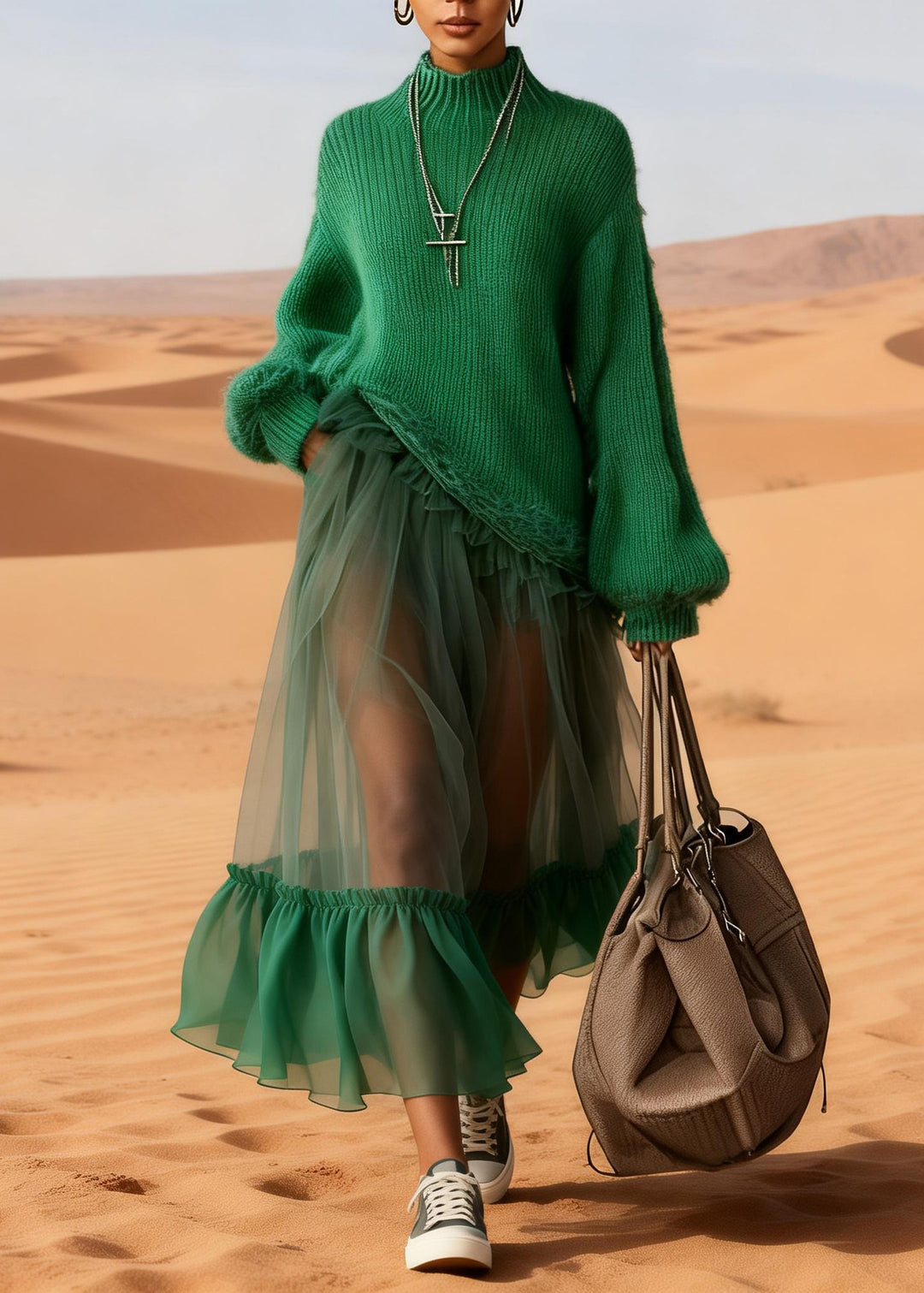 Handmade Green Tulle Maxi Dresses Ruffled Knitted Cotton Patchwork Lanter Sleeve - Omychic