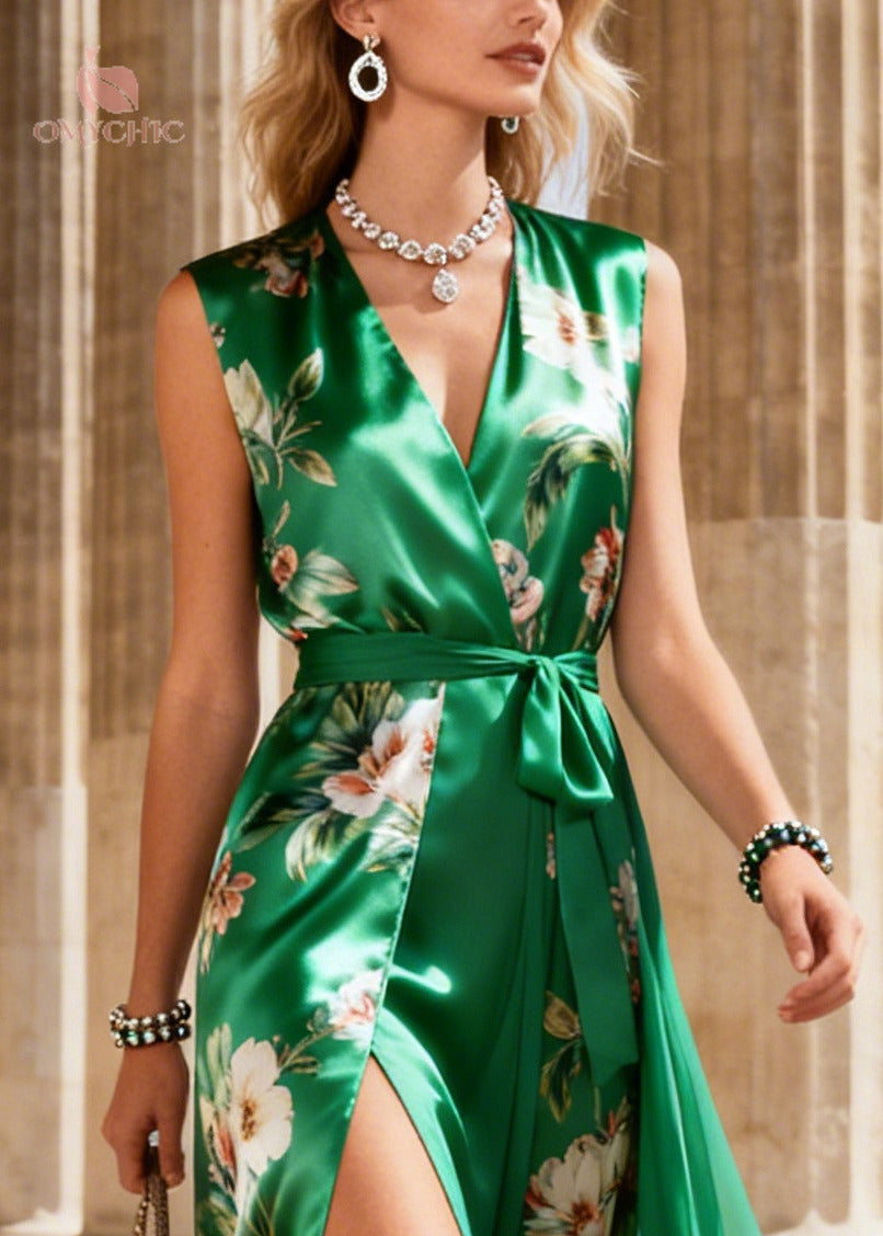 Handmade Green Tunic Patchwork Silk Evening Dress Sleeveless