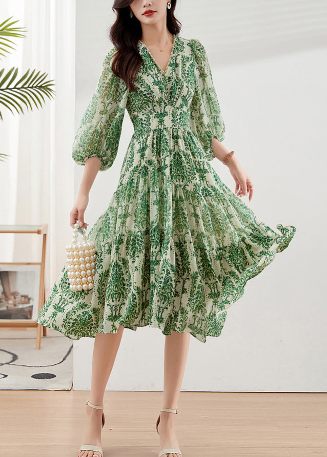 Handmade Green V Neck Print Chiffon Vacation Dresses Bracelet Sleeve