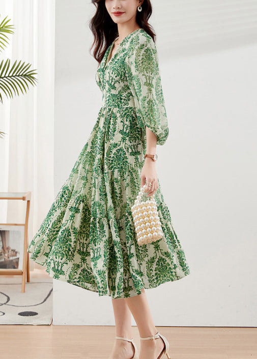 Handmade Green V Neck Print Chiffon Vacation Dresses Bracelet Sleeve