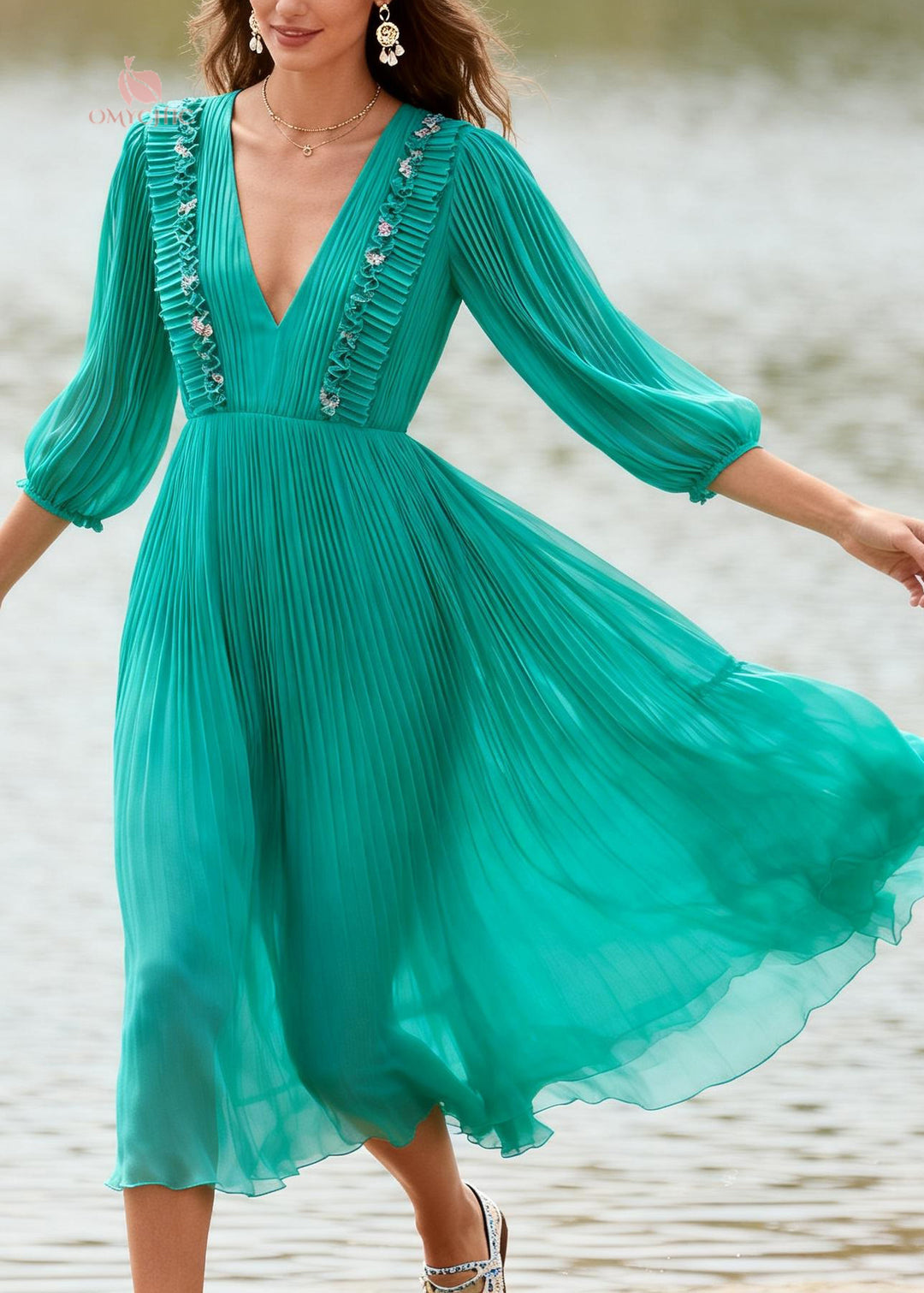 Handmade Green V Neck Wrinkled Patchwork Chiffon Ankle Dress Summer
