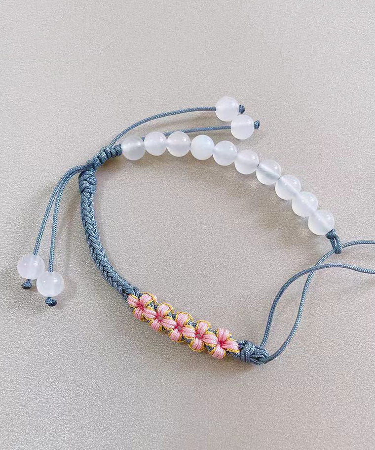 Handmade Green Weave Five Peach Blossoms Tassel Charm Bracelet