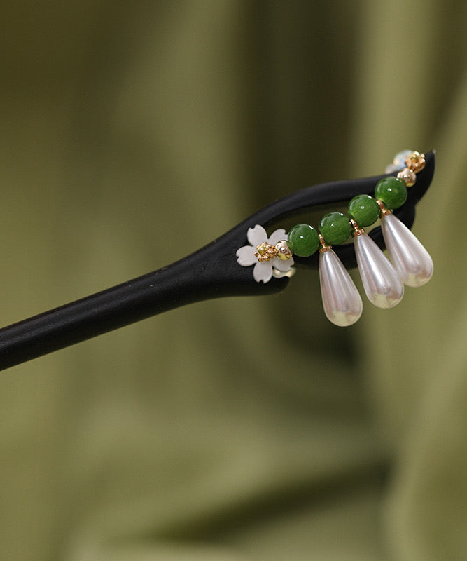 Handmade Green Wooden Lotus Pearl Tassel Hairpin