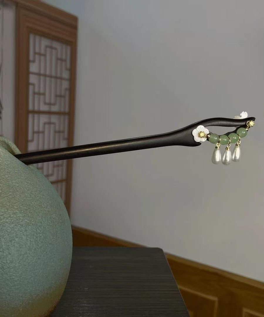 Handmade Green Wooden Lotus Pearl Tassel Hairpin
