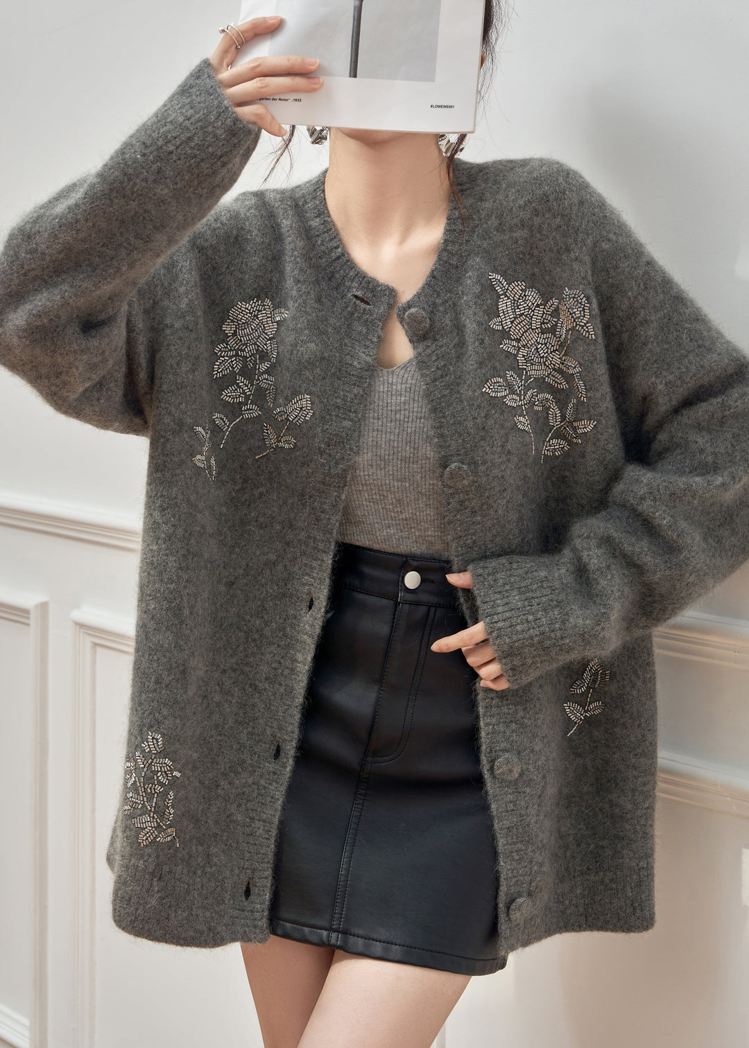 Handmade Grey Button Nail Bead Knit Cardigan Winter