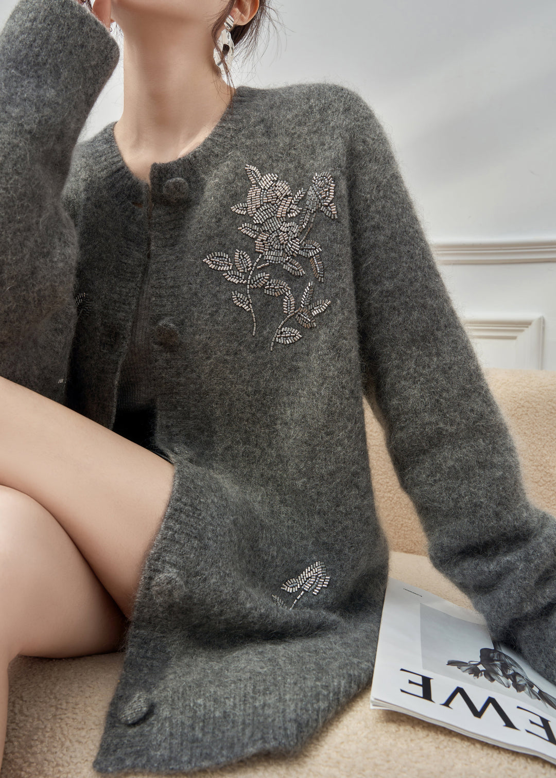 Handmade Grey Button Nail Bead Knit Cardigan Winter