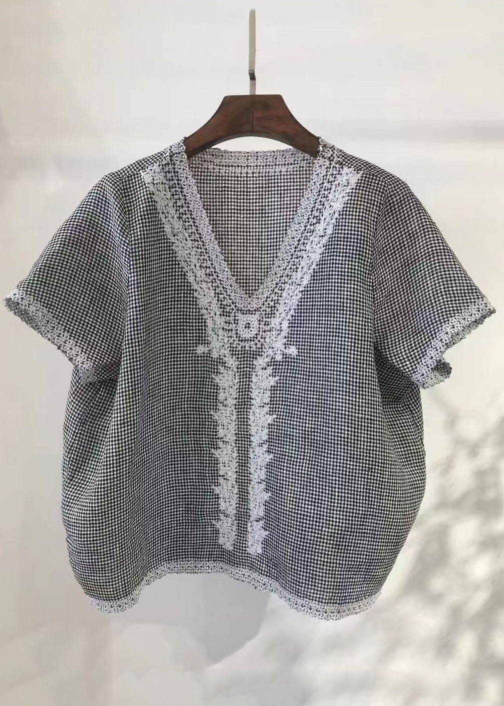 Handmade Grey Embroideried Plaid Linen Beach Vest Summer