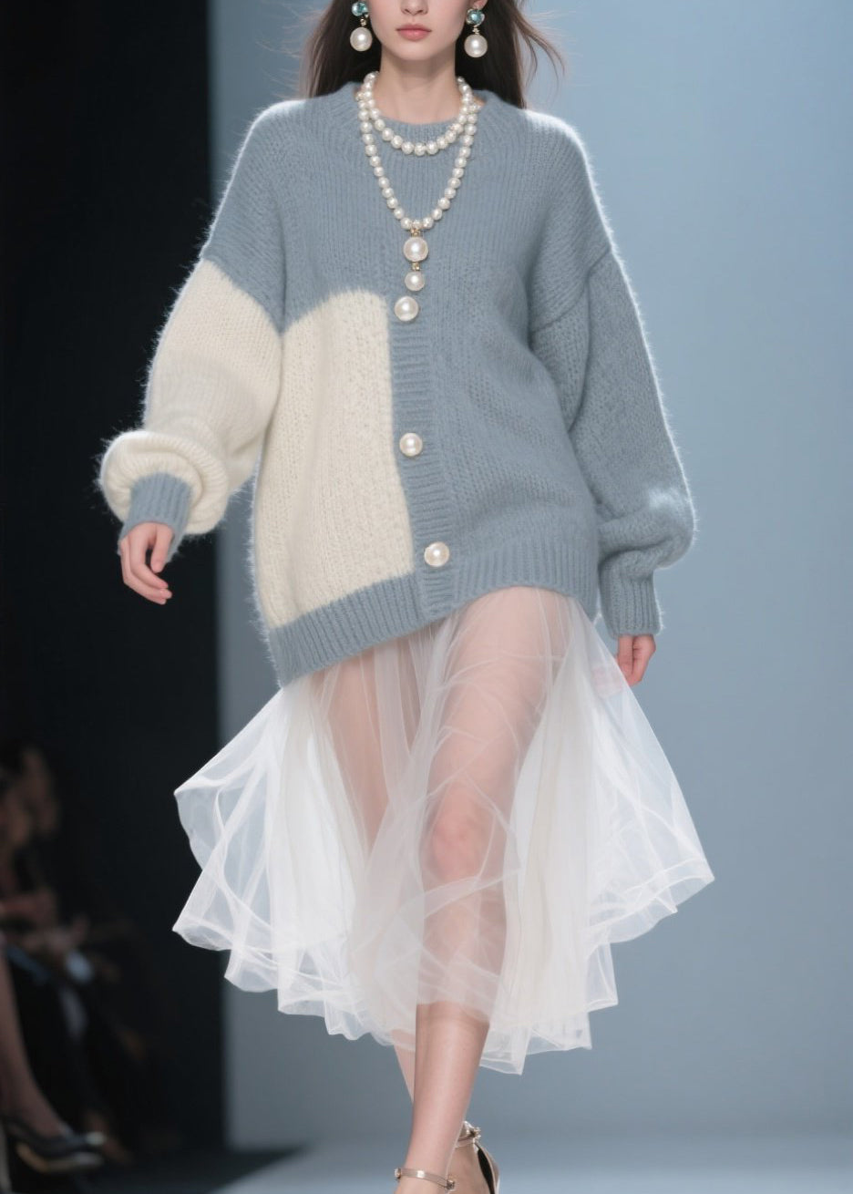 Handmade Grey O Neck Tulle Patchwork Knit Dress Fall