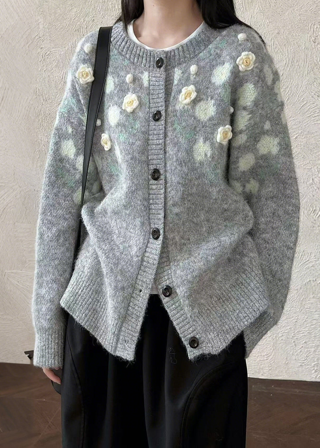 Handmade Grey Oversized Floral Knit Coats Winter