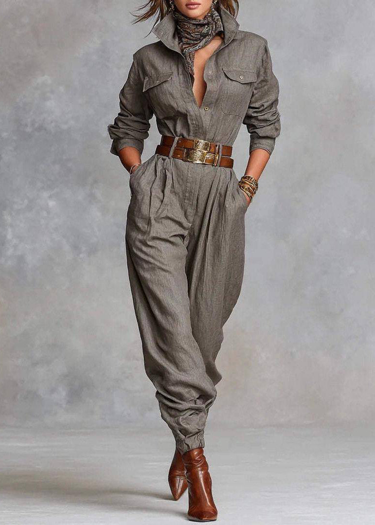 Handmade Grey Patchwork Pockets Tunic Jumpsuits Fall