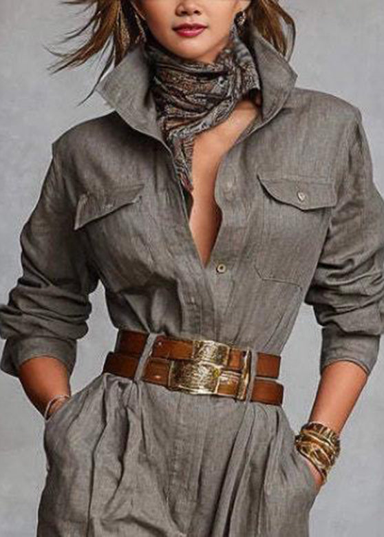Handmade Grey Patchwork Pockets Tunic Jumpsuits Fall