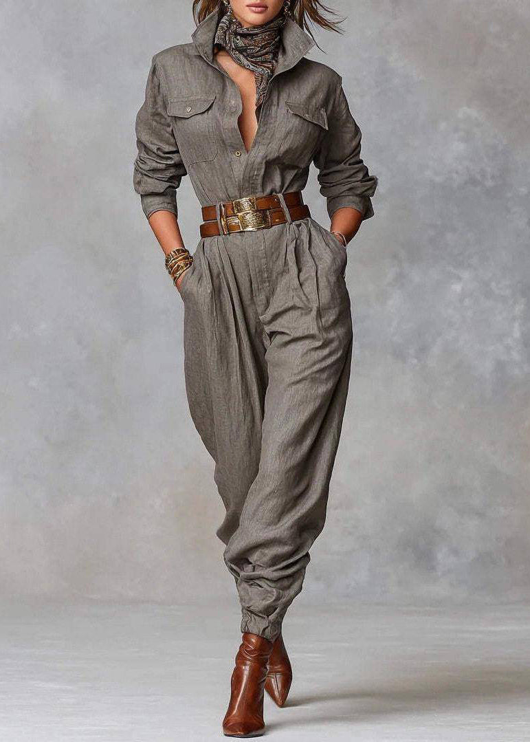 Handmade Grey Patchwork Pockets Tunic Jumpsuits Fall