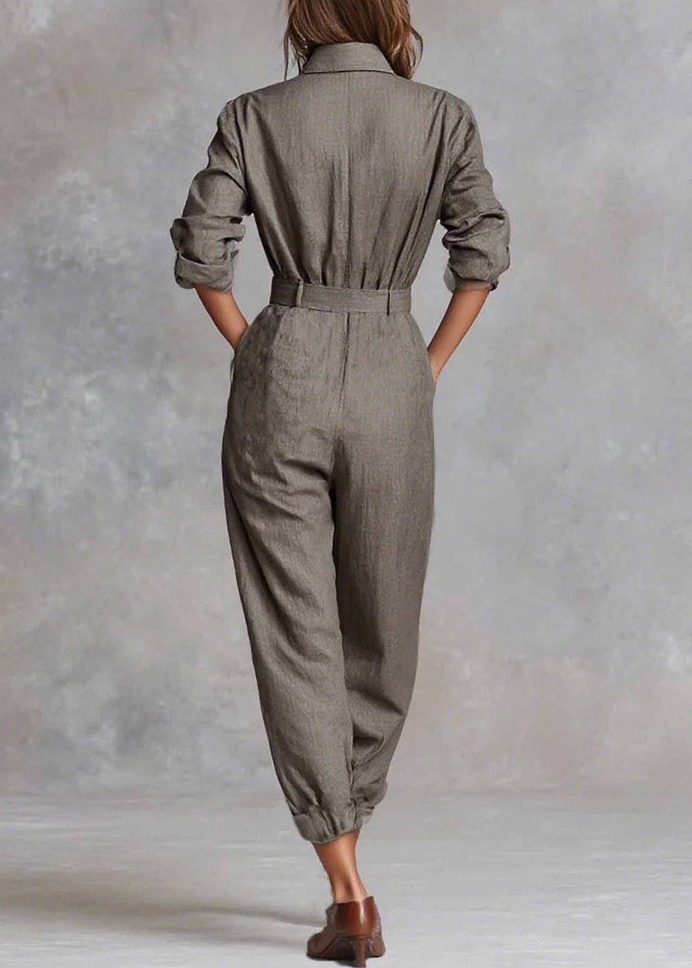 Handmade Grey Patchwork Pockets Tunic Jumpsuits Fall
