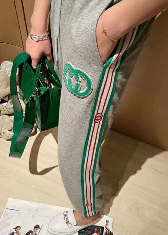 Handmade Grey Pockets Striped Patchwork Crop Pants Spring