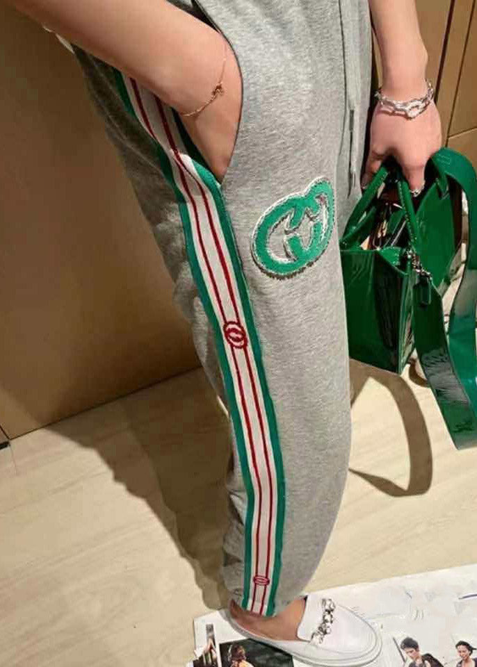 Handmade Grey Pockets Striped Patchwork Crop Pants Spring