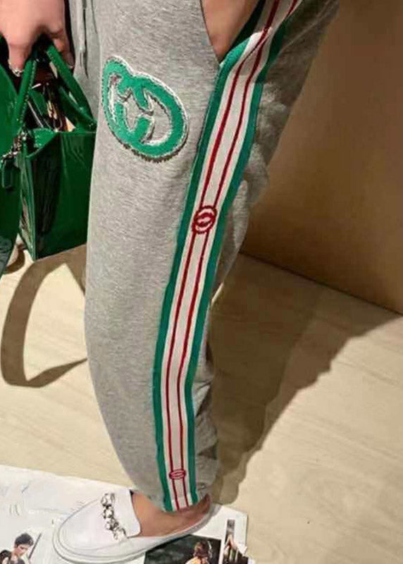 Handmade Grey Pockets Striped Patchwork Crop Pants Spring