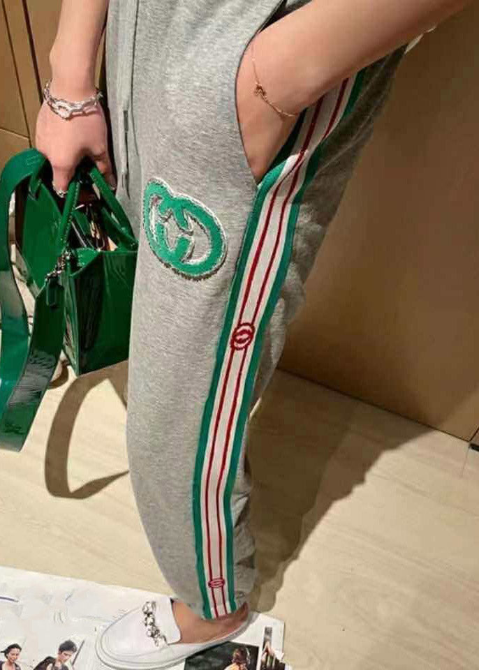 Handmade Grey Pockets Striped Patchwork Crop Pants Spring