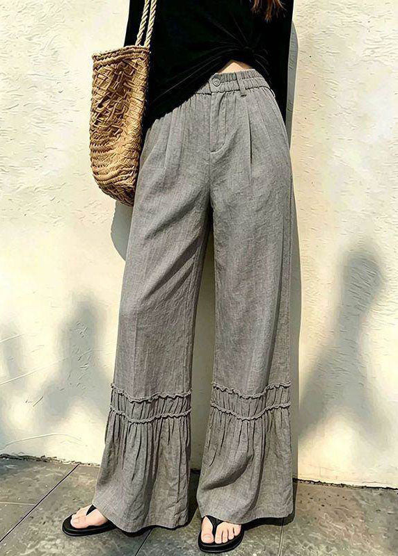 Handmade Grey Ruffled Patchwork Elastic Waist Wide Leg Pants Fall