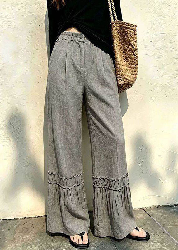 Handmade Grey Ruffled Patchwork Elastic Waist Wide Leg Pants Fall