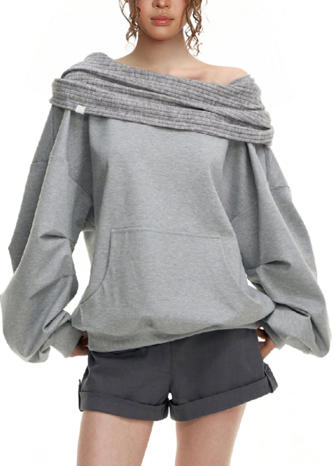 Handmade Grey Slash Neck Patchwork Loose Sweatshirt Fall