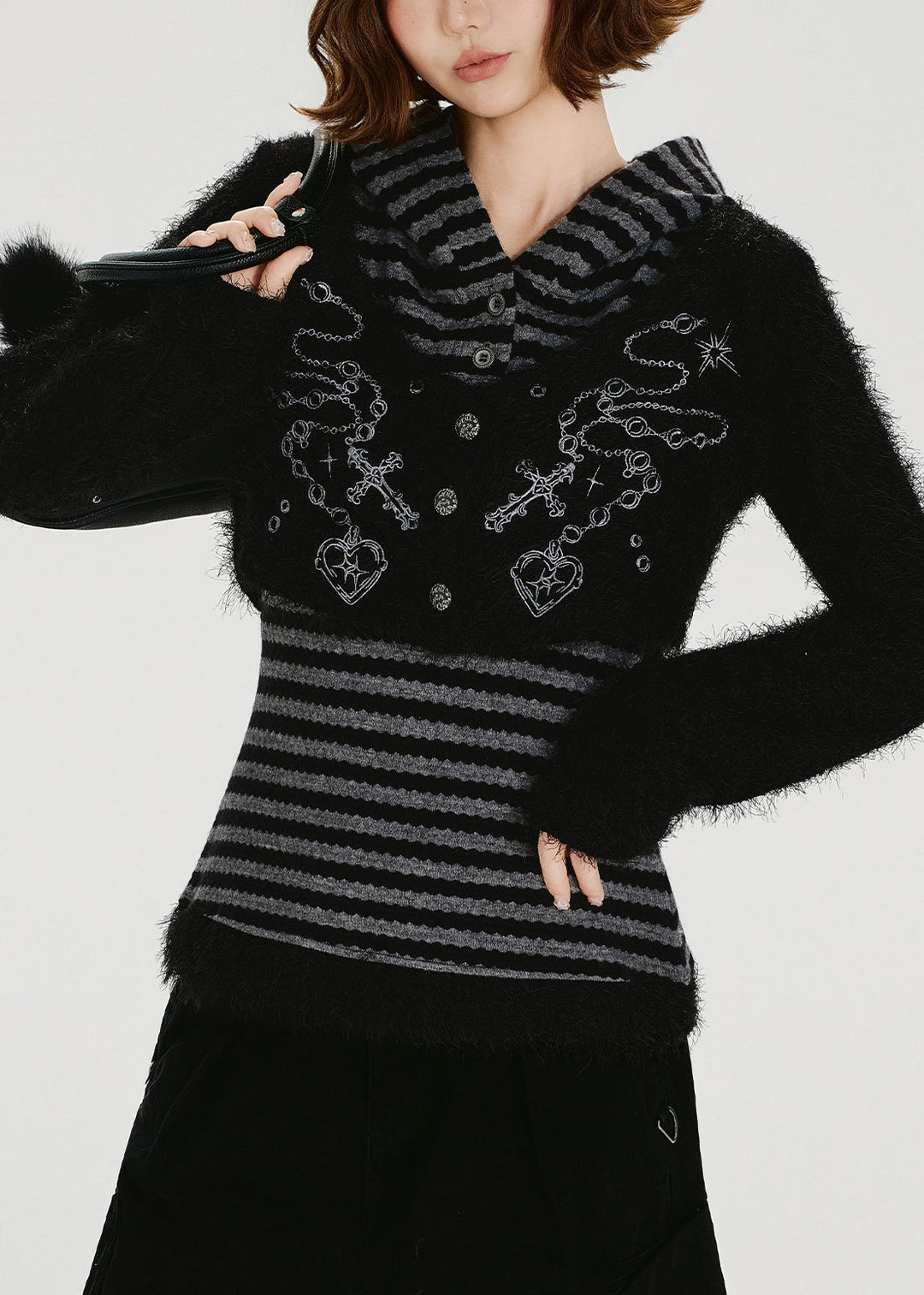 Handmade Grey Striped Patchwork Knit Fake Two Piece Pullover Winter