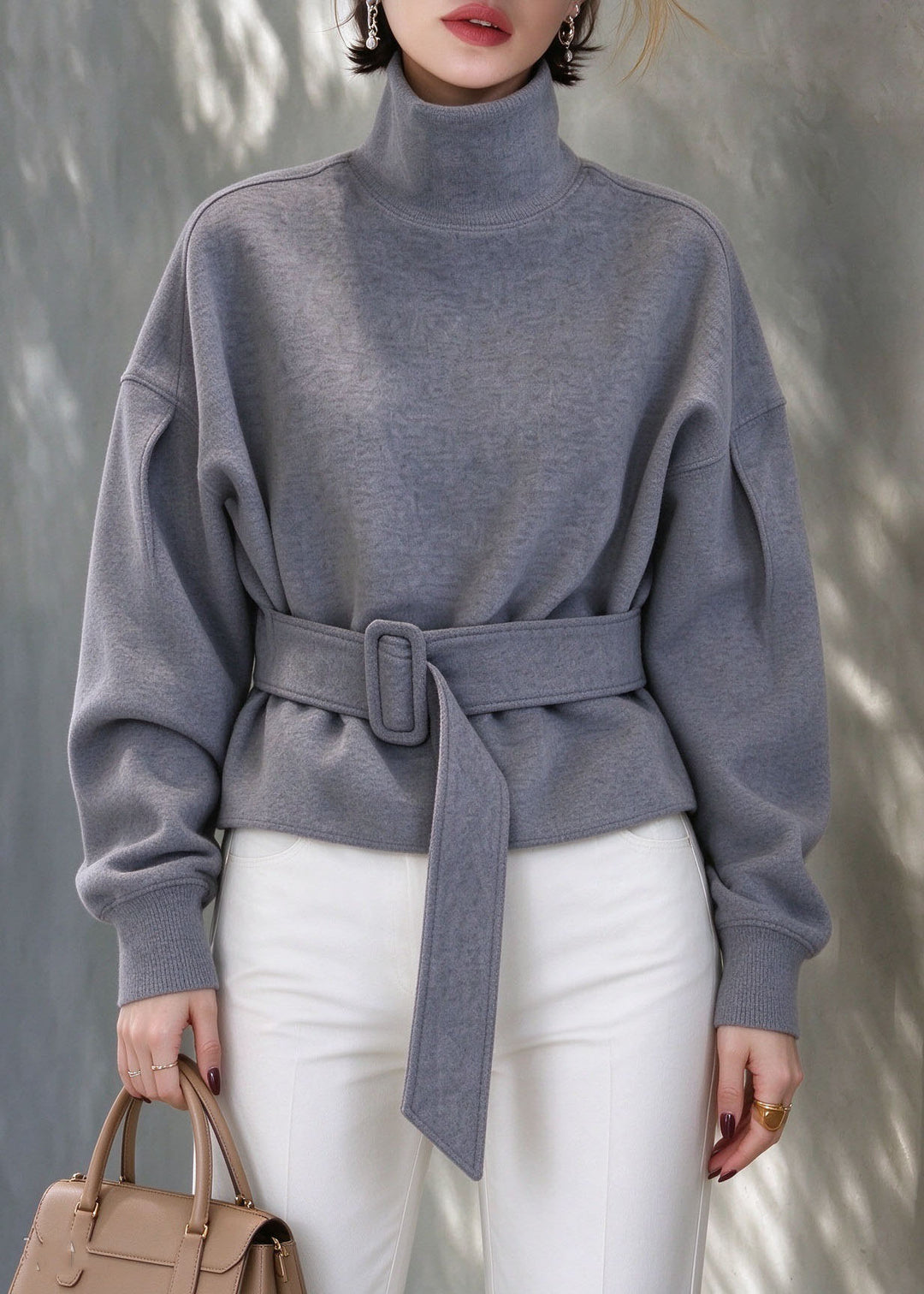 Handmade Grey Turtleneck Patchwork Tunic Solid Sweatshirts Lantern Sleeve