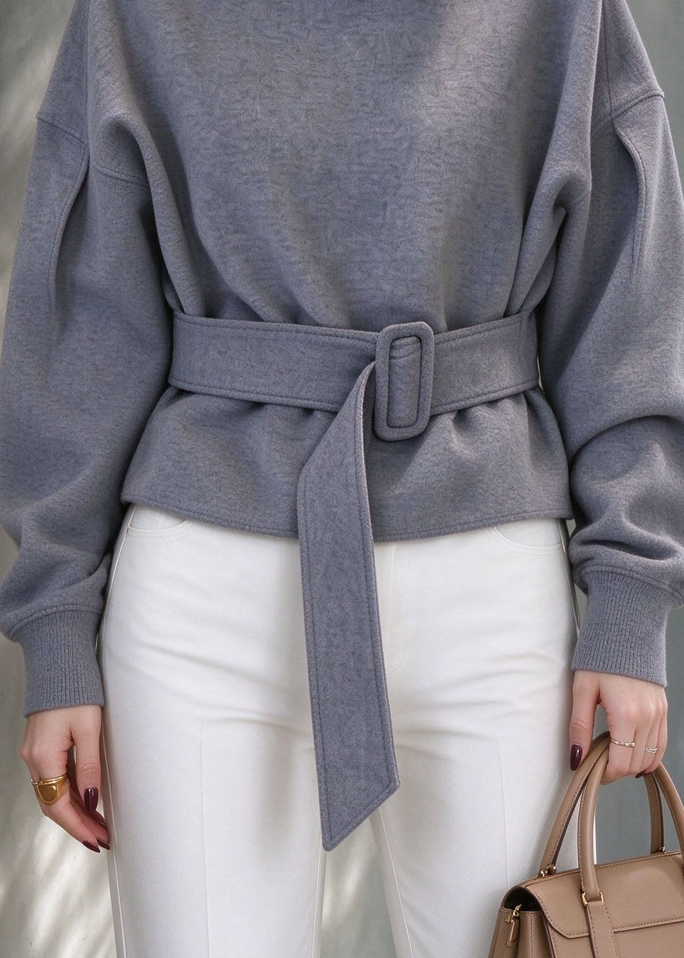 Handmade Grey Turtleneck Patchwork Tunic Solid Sweatshirts Lantern Sleeve