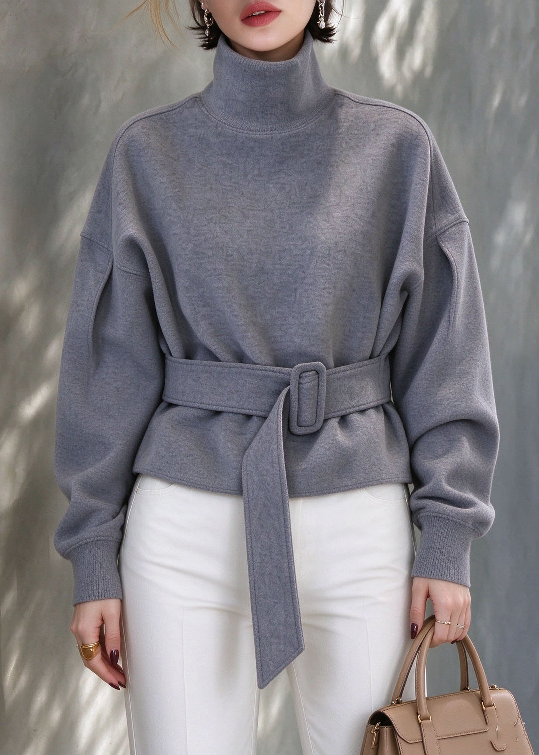 Handmade Grey Turtleneck Patchwork Tunic Solid Sweatshirts Lantern Sleeve