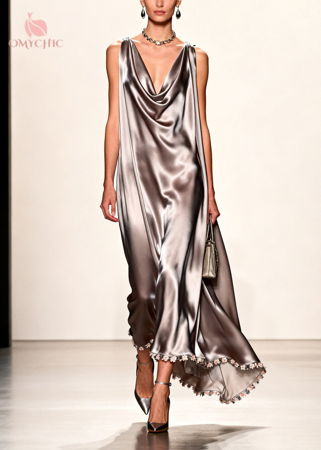 Handmade Grey V Neck Patchwork Flower Silk Maxi Dress Summer