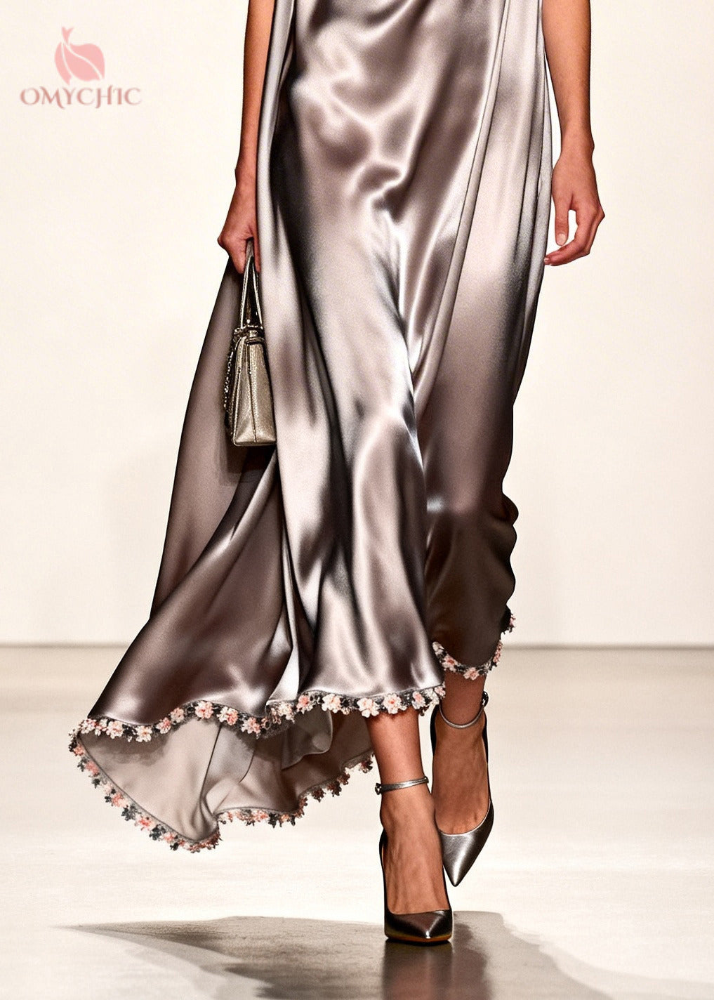 Handmade Grey V Neck Patchwork Flower Silk Maxi Dress Summer