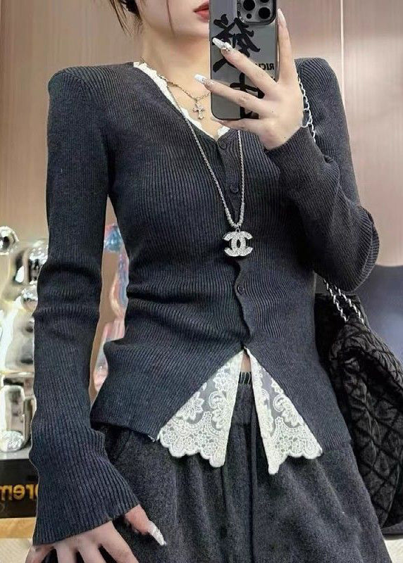 Handmade Grey V Neck Patchwork Knit Fake Two Piece Tops Fall