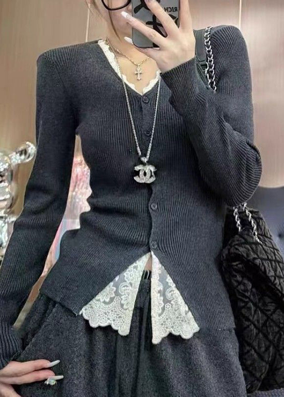Handmade Grey V Neck Patchwork Knit Fake Two Piece Tops Fall