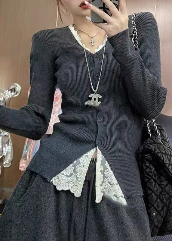 Handmade Grey V Neck Patchwork Knit Fake Two Piece Tops Fall