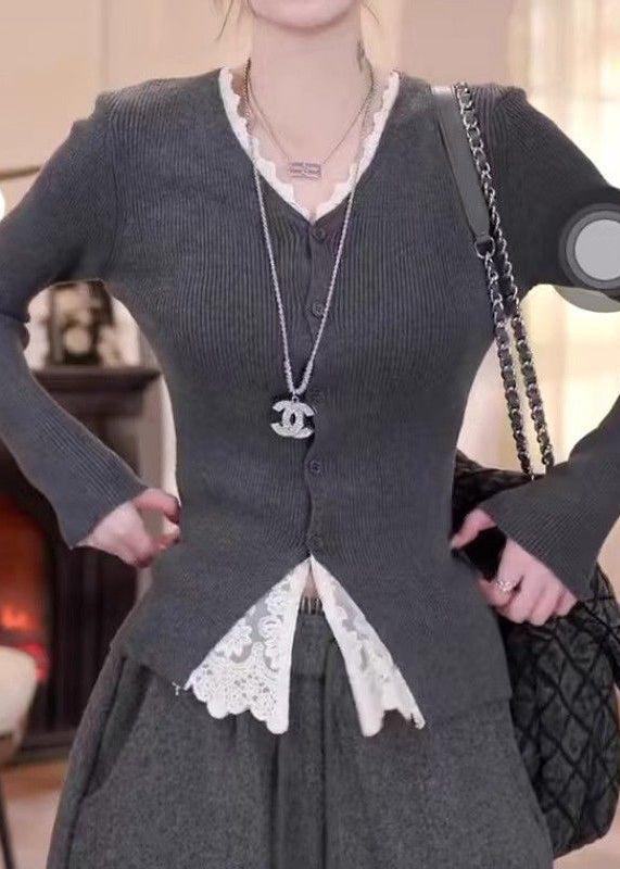 Handmade Grey V Neck Patchwork Knit Fake Two Piece Tops Fall
