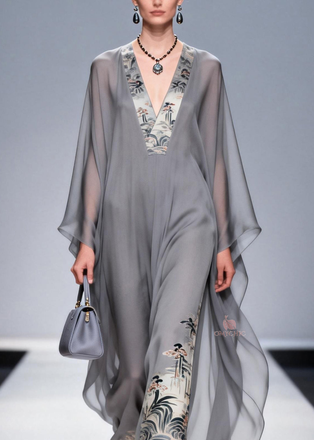 Handmade Grey V Neck Print Patchwork Chiffon Dresses Spring