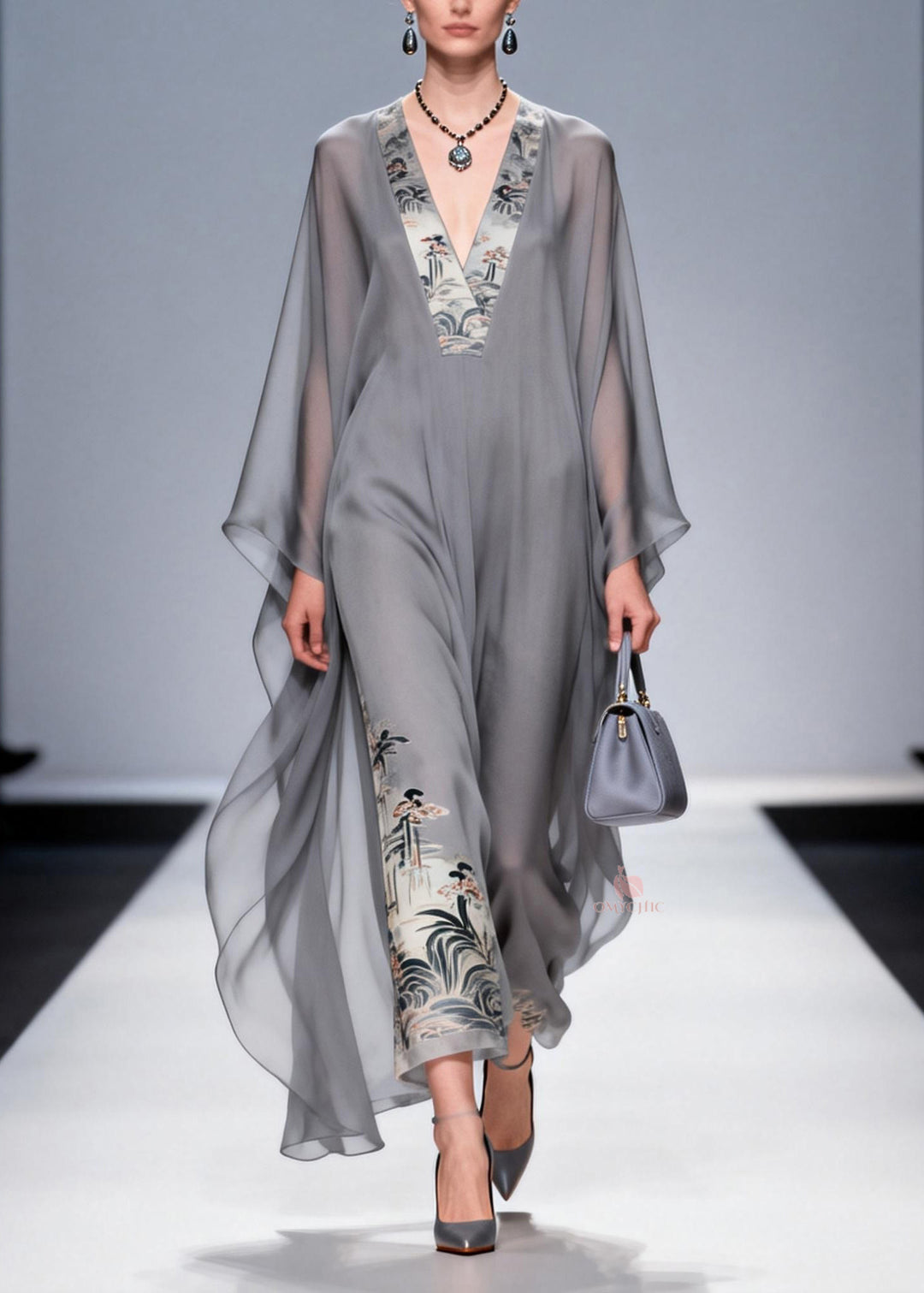 Handmade Grey V Neck Print Patchwork Chiffon Dresses Spring