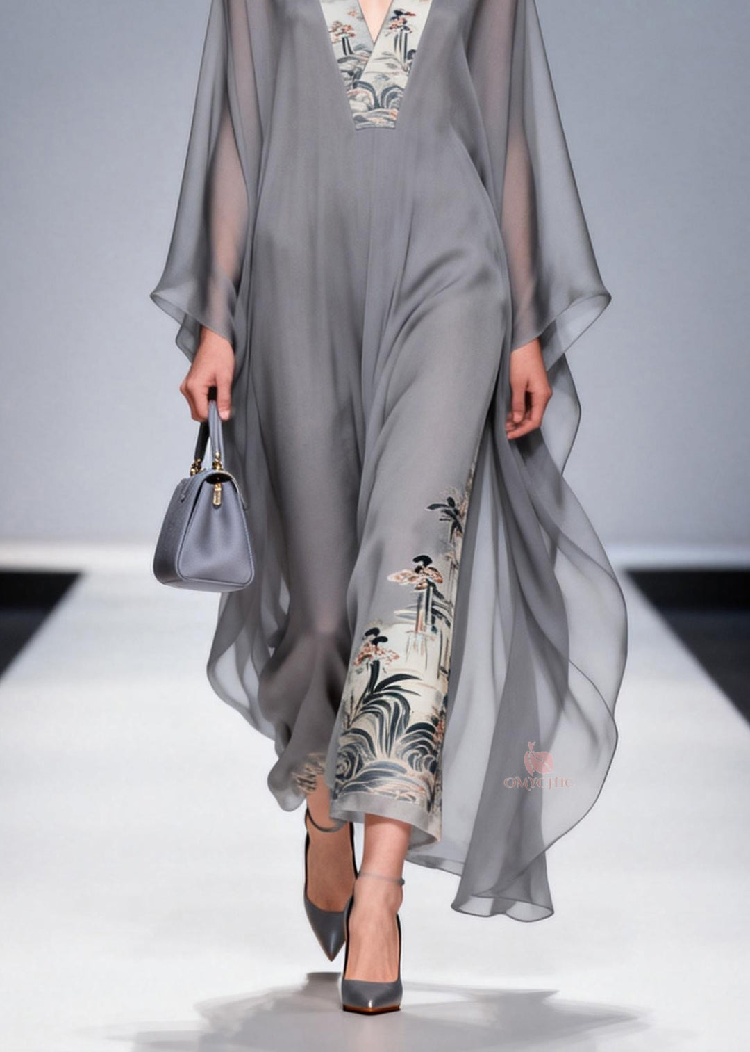 Handmade Grey V Neck Print Patchwork Chiffon Dresses Spring
