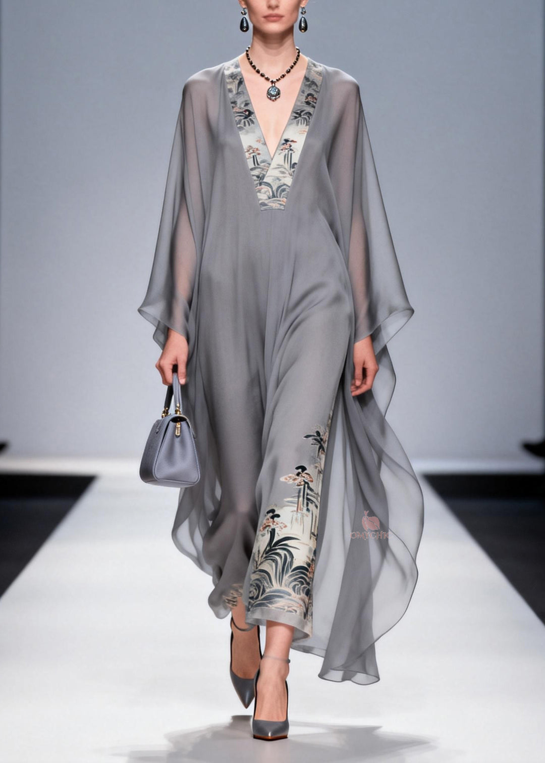 Handmade Grey V Neck Print Patchwork Chiffon Dresses Spring