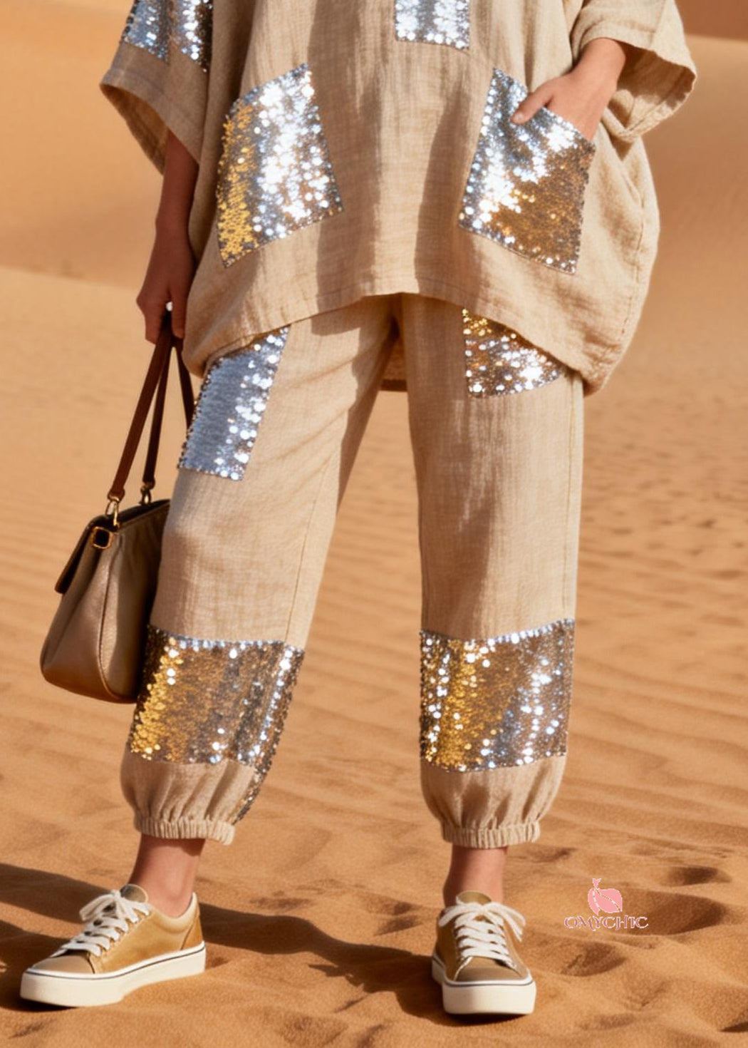 Handmade Khaki Asymmetrical Sequins Pockets Patchwork Linen Two Pieces Set