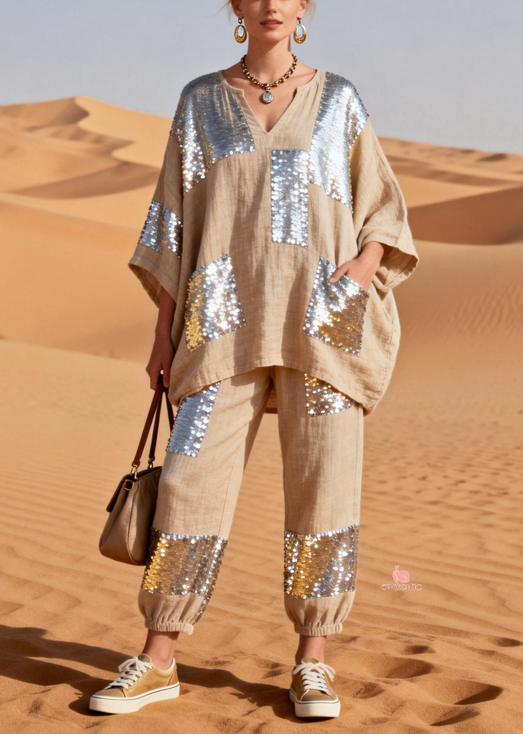 Handmade Khaki Asymmetrical Sequins Pockets Patchwork Linen Two Pieces Set