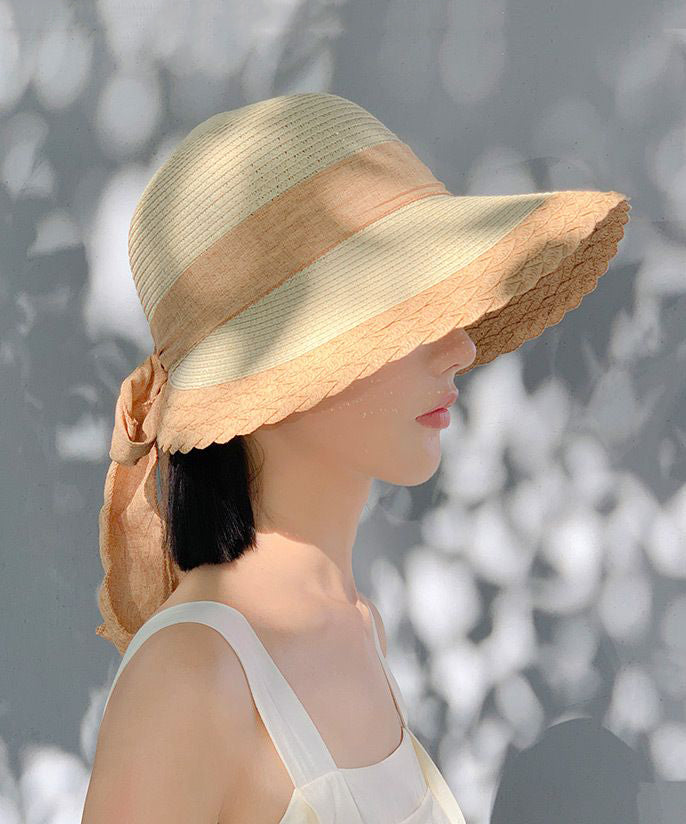 Handmade Khaki Bow Straw Woven Floppy Sun Hat