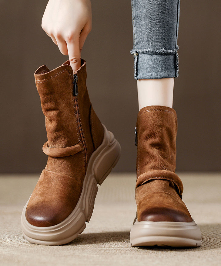 Handmade Khaki Cowhide Leather Splicing Platform Boots