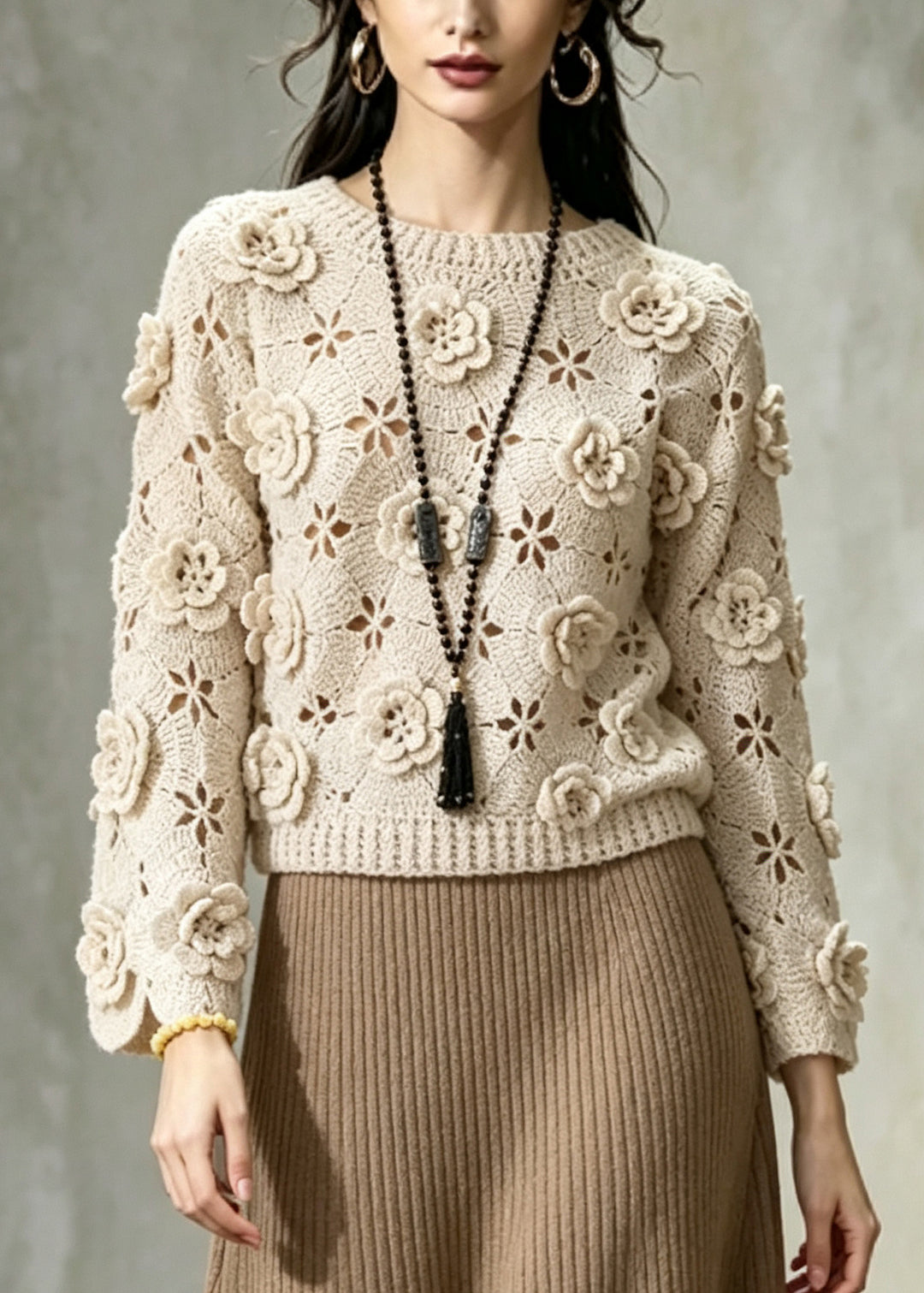 Handmade Khaki Floral Hollow Out Knit Sweater Fall