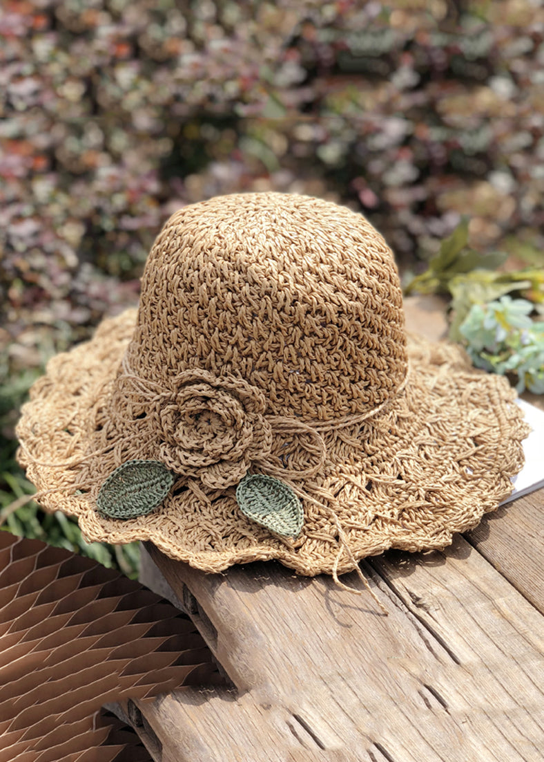 Handmade Khaki Floral Leaf Straw Woven Floppy Sun Hat