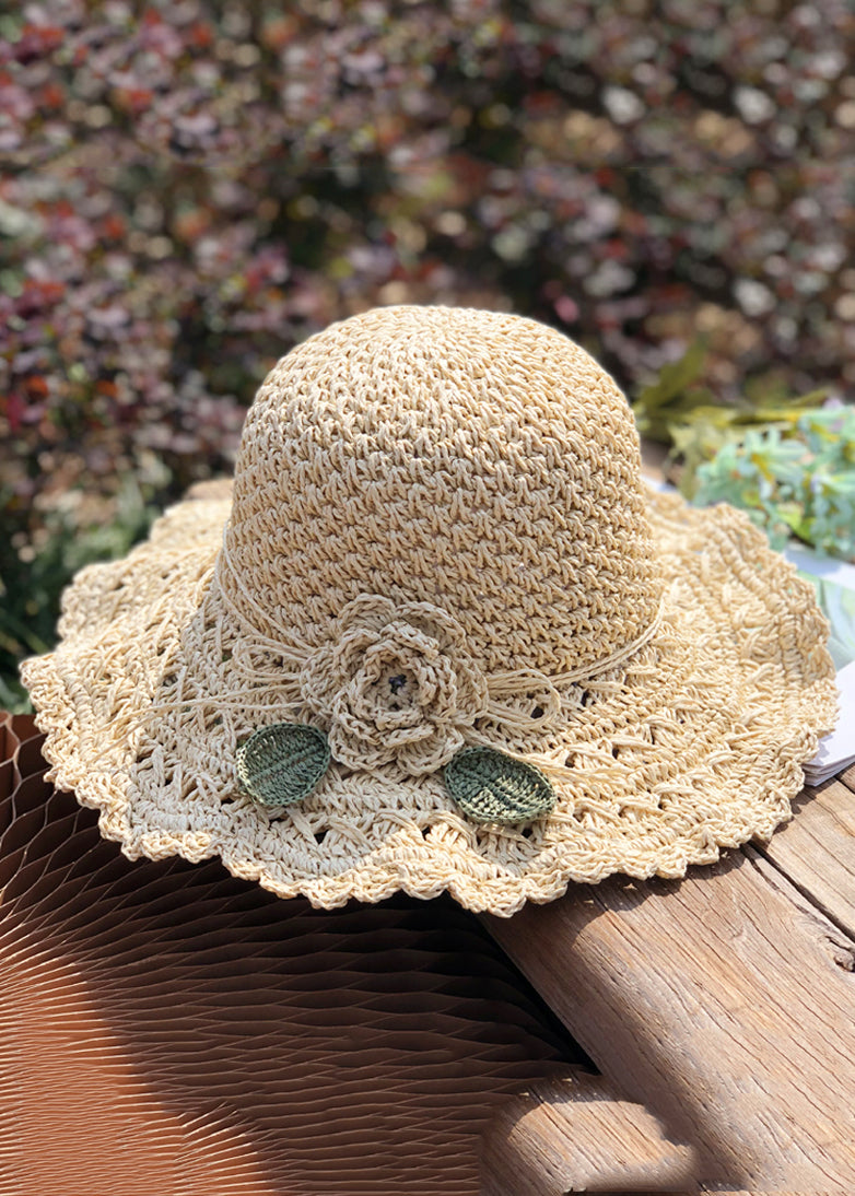 Handmade Khaki Floral Leaf Straw Woven Floppy Sun Hat