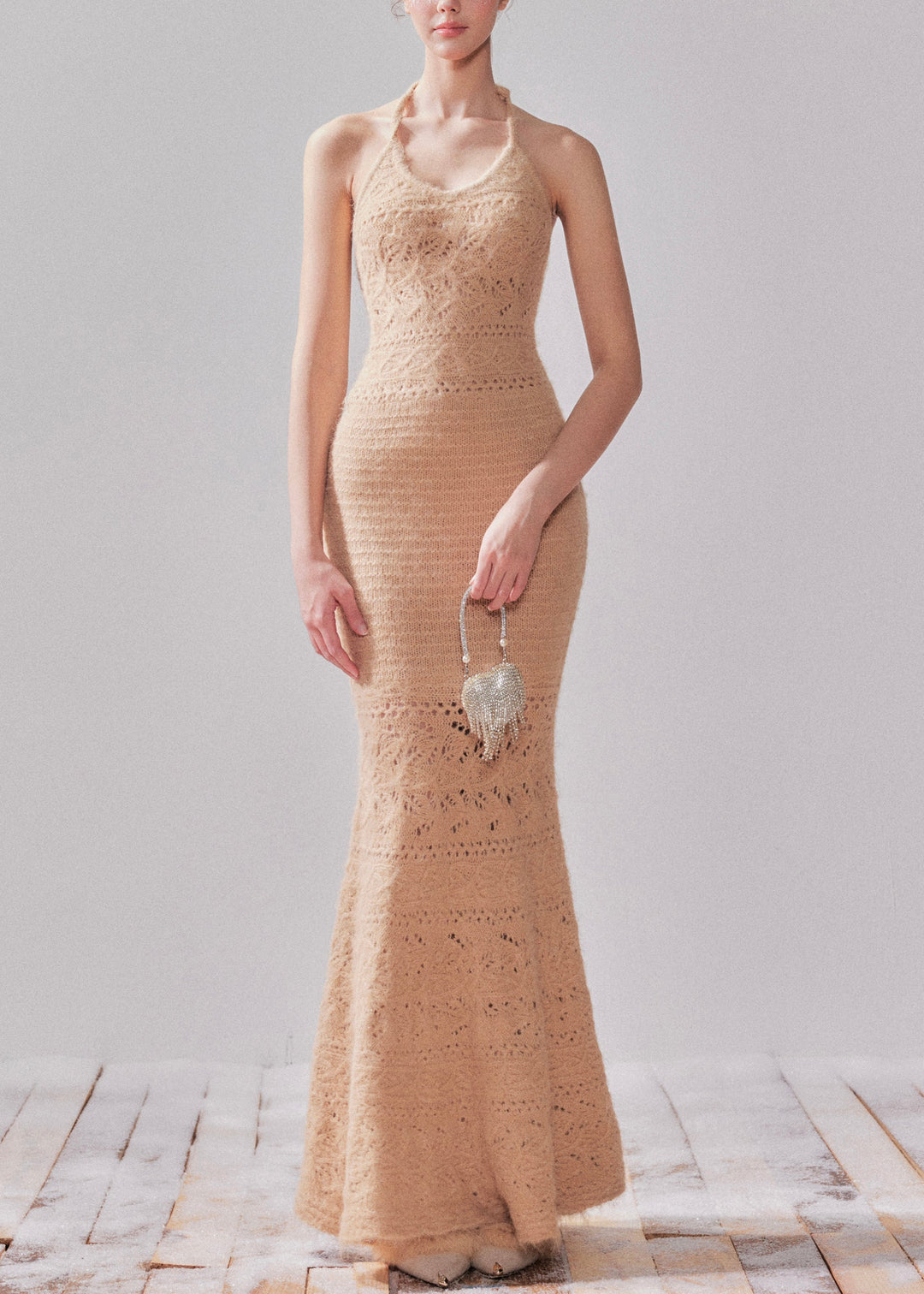 Handmade Khaki Hollow Out Cotton Knit Cardigans And Long Fishtail Dress Two Pieces Set Fall